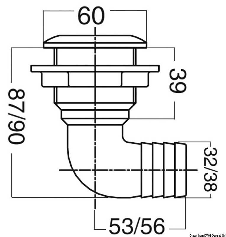 Passe-coque coudé 90° 1"1/2 x 38 mm Inox 316